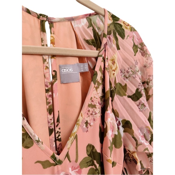 ASOS Floral Pleated Flutter Sleeve Maxi Dress Size 2 Pink Terracotta Rose Design - Picture 6 of 13